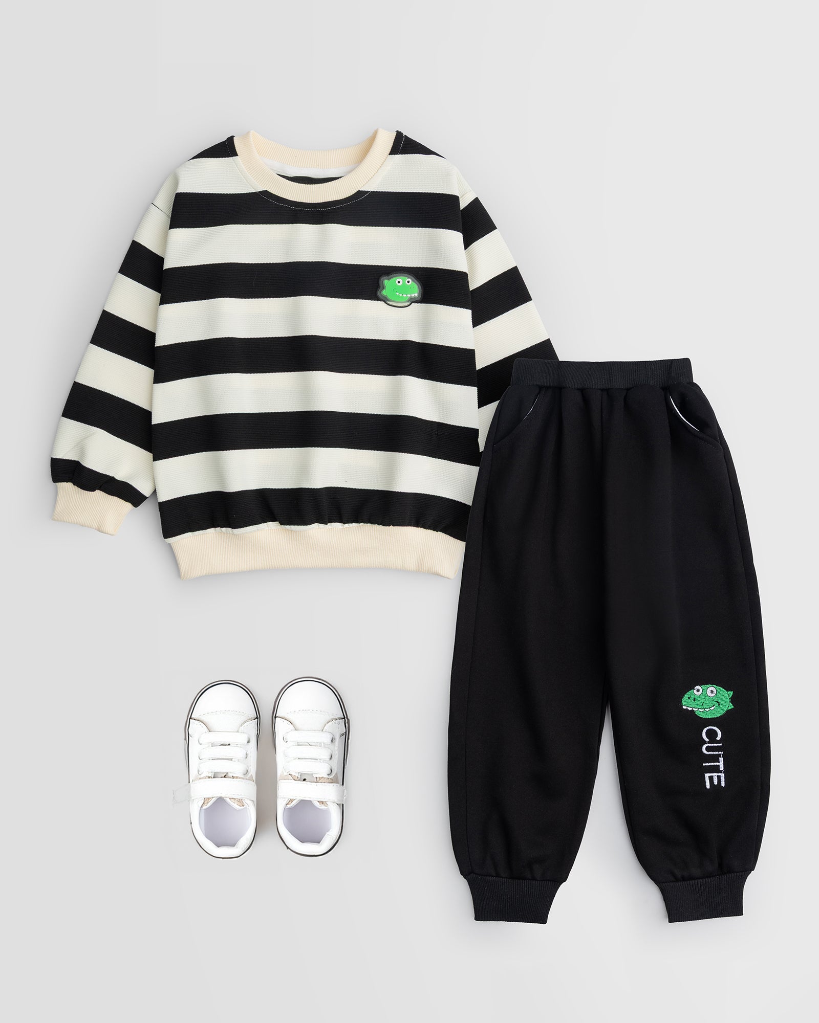 Dino Print Joggers with Striped Sweatshirt