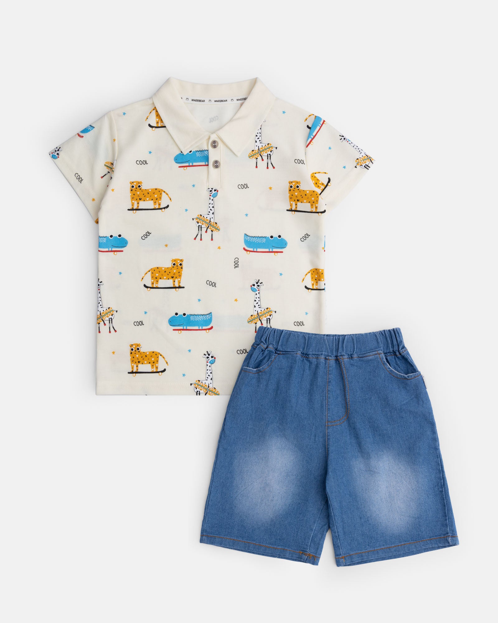 Safari Print Shirt & Denim Shorts Set
