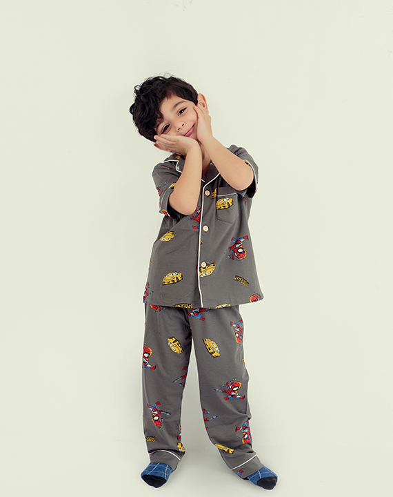 Grey Car Printed Nightsuit