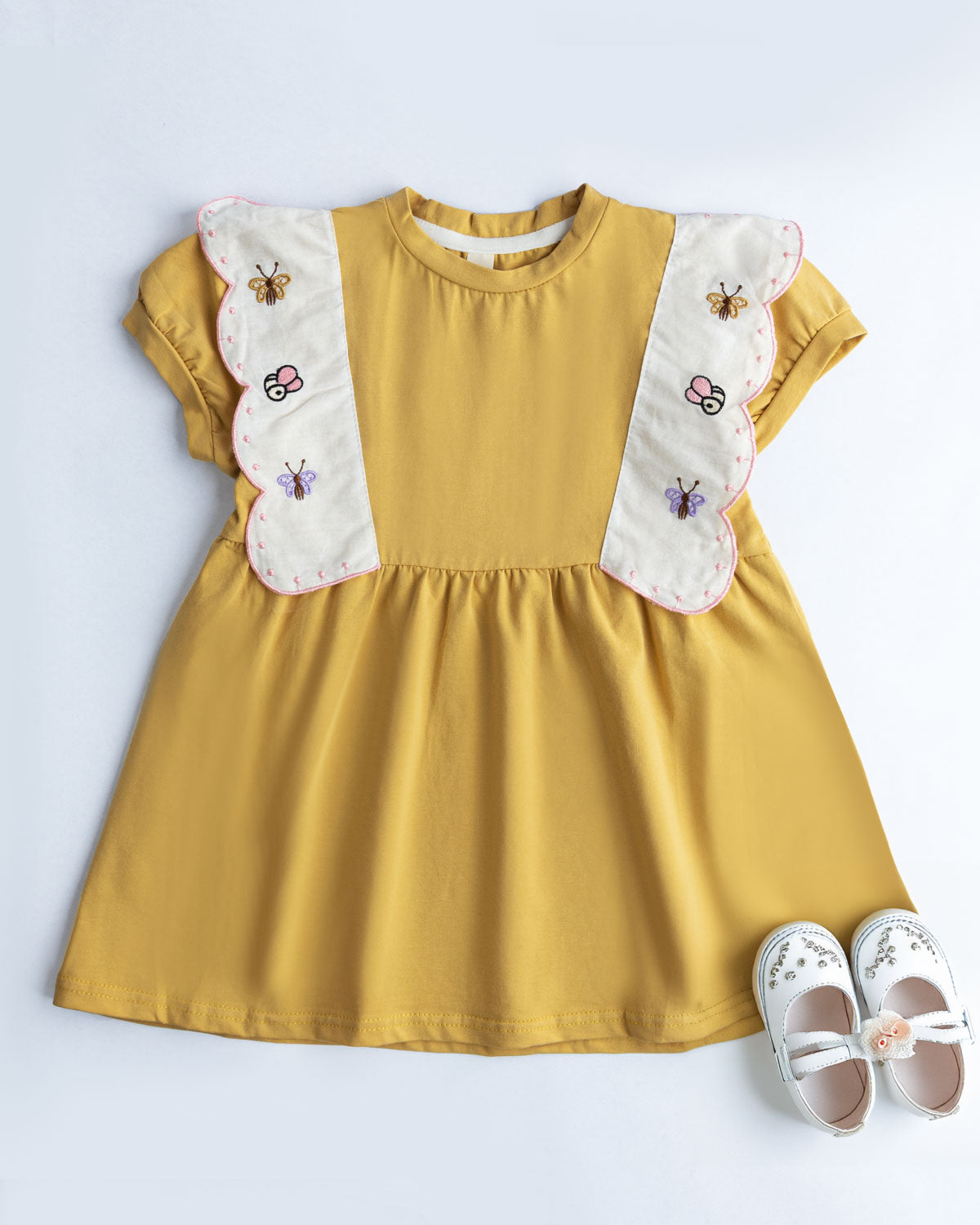 Butterfly Mustard Embroidered Dress