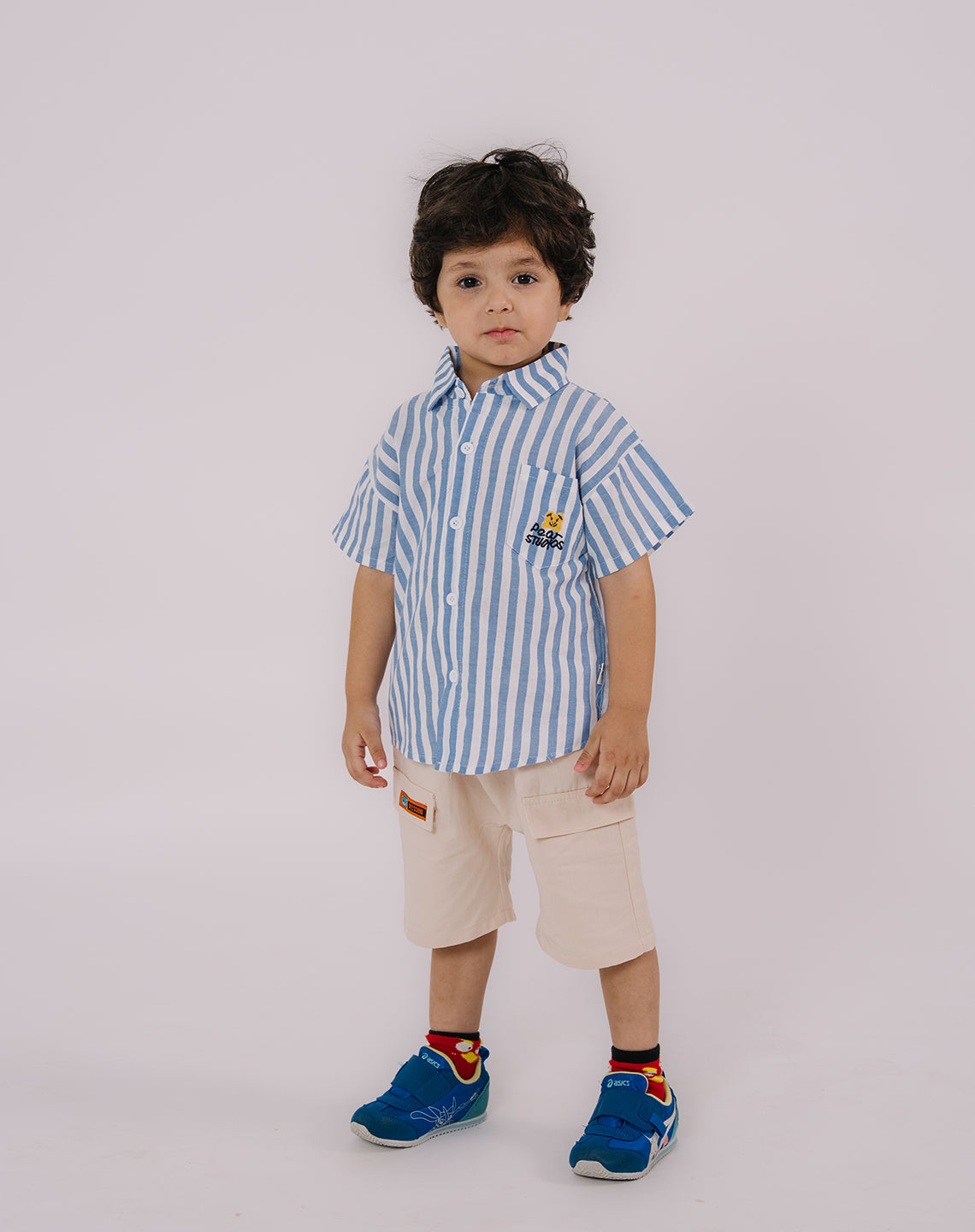 Blue Striped Shirt With Beige Cotton Shorts
