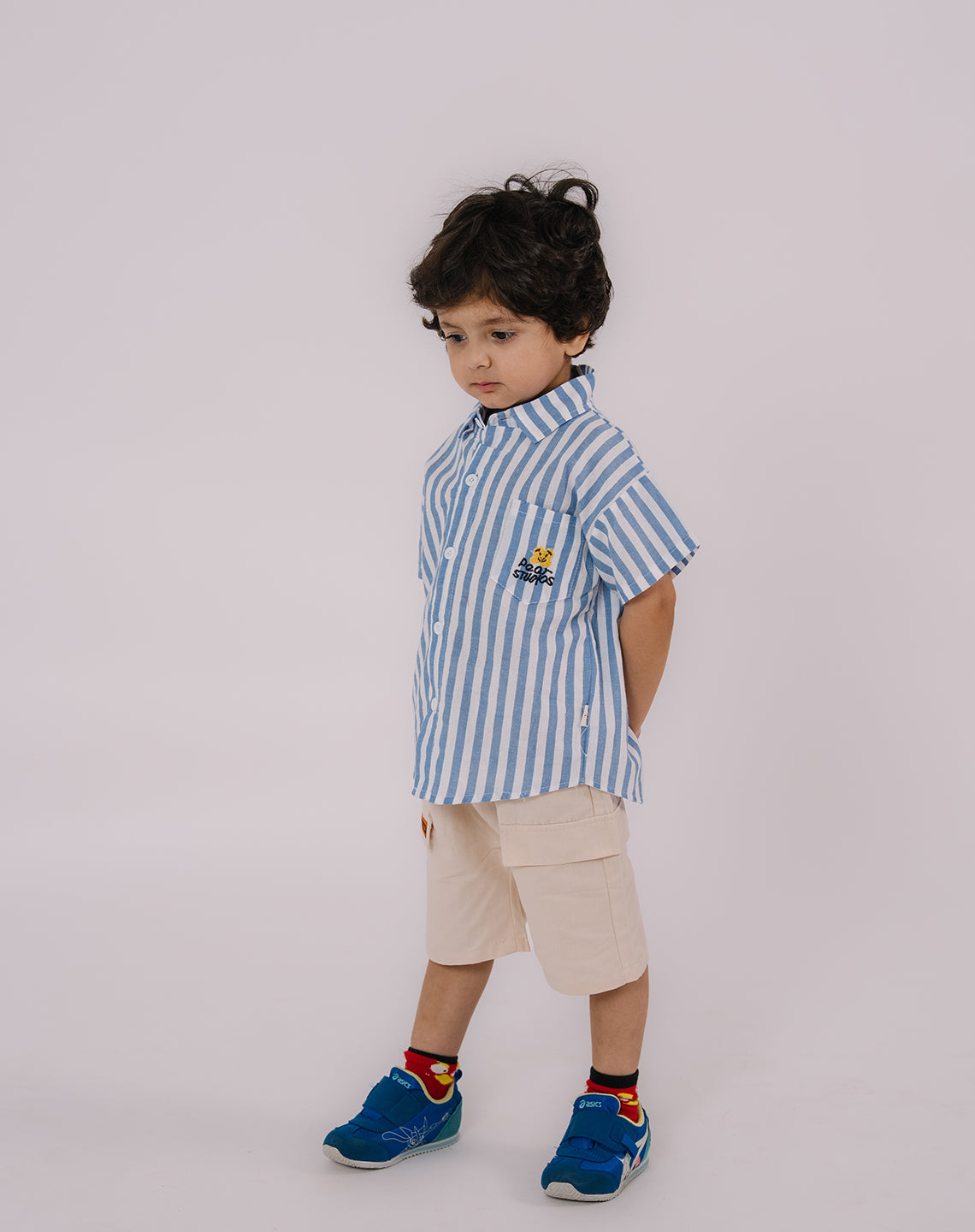 Blue Striped Shirt With Beige Cotton Shorts